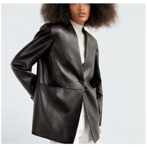 Aritzia Babaton Logan Faux Leather Jacket Blazer Black Sz Large - Picture 1 of 13